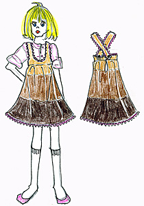 M�nsterstickad h�ngslekjol i brunt och beige med rosa uddkant