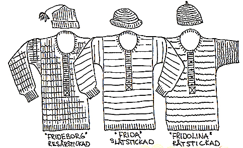 Skiss p� farfarstr�jani olika sticks�tt och med varsin liten m�ssa till design katrin bawah