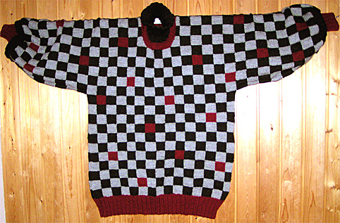 Svart och gr�rutig polotr�ja med vinr�da knater och en och annan vinr�d ruta