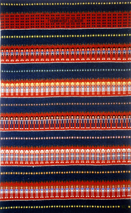 Fabriksflickor, rosengångsbild av textilkonstnär katrin bawah i serien Kvinnor och Teko