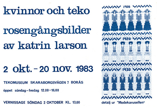 Inbjudningskortet till min utställning Kvinnor och Teko på Tekomuseum i Borås 1983. textilkonstnär katrin bawah.